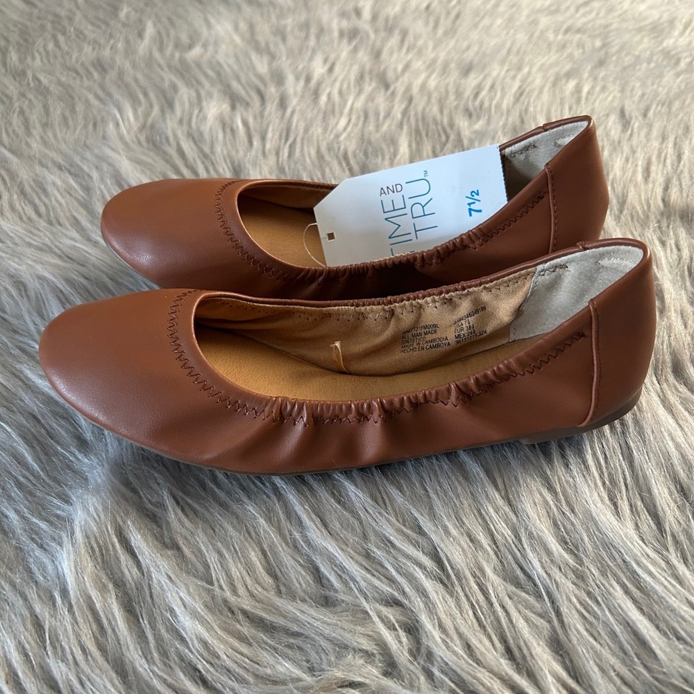 Time And Tru Scrunch Ballet Shoes Womens Size 7 1/2 Brown Slip On Flats